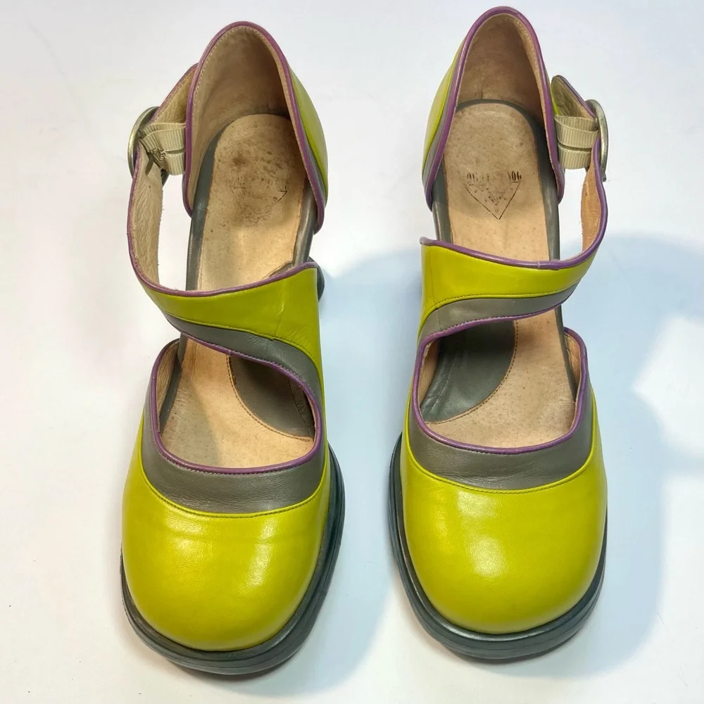 SOLD Fluevog Elif Mary Jane Mini Heels Shoes Olive Green Purple Buckle Strap - Picture 5 of 14